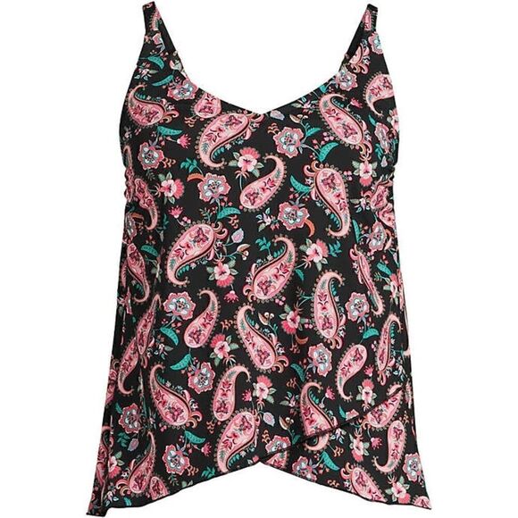 Land’s End tulip hem adjustable soft tankini top black paisley floral Small 6-8 - Picture 2 of 6